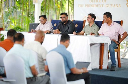 President, Dr Irfaan Ali (second from left) flanked by Senior Minister with responsibility for Finance, Dr Ashni Singh; Minister of the Public Service, Government Efficiency, and Implementation, Zulfikar Ally and GuySuCo’s Chief Executive Officer (CEO), Paul Cheong were also at the meeting