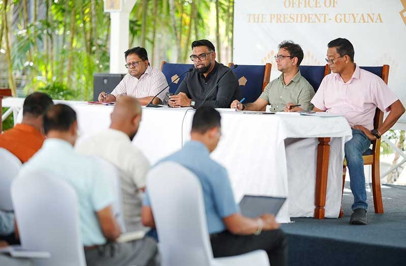 President, Dr Irfaan Ali (second from left) flanked by Senior Minister with responsibility for Finance, Dr Ashni Singh; Minister of the Public Service, Government Efficiency, and Implementation, Zulfikar Ally and GuySuCo’s Chief Executive Officer (CEO), Paul Cheong were also at the meeting