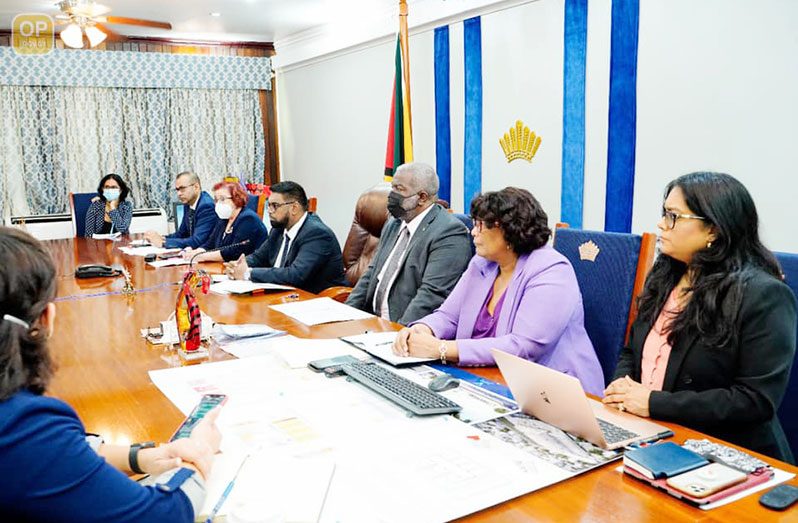President Dr. Irfaan Ali; Prime Minister, Brigadier (ret’d) Mark Phillips, and other high-level government officials partaking in the US State Department's virtual summit for democracy (Office of the President photo)