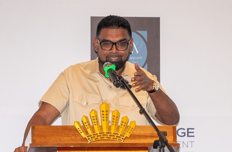 President Dr. Irfaan Ali addressing the Local Content Summit (Delano Williams photo)
