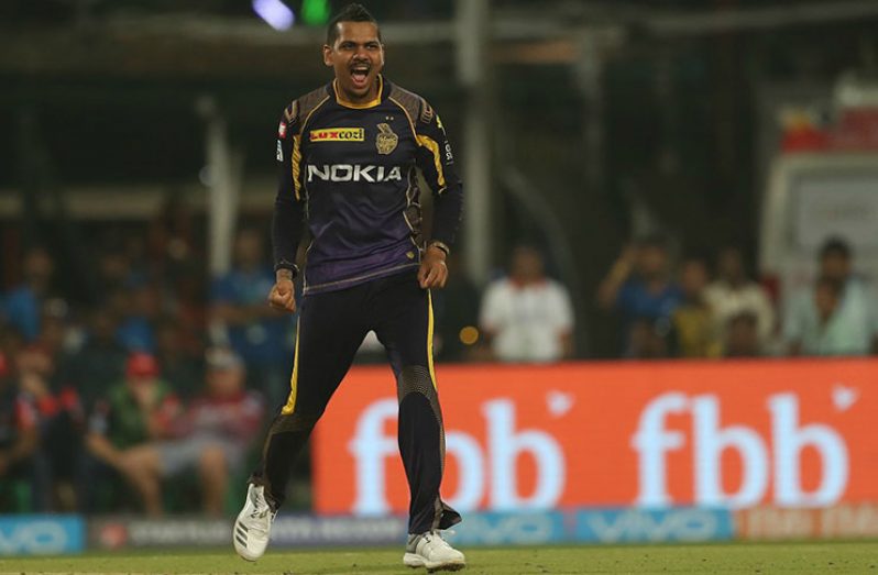 Sunil Narine takes his 100th wicket in the IPL and finishes with 3 for 18. (BCCI)