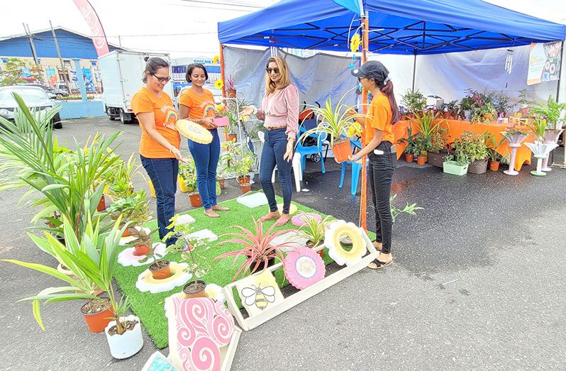Owner of Sunshine Garden Centre, Nerissa Thornhill (left) shows a customer several plants and garden-paver options. Assisting her are her sister-in-law Davina Danny- Thornhill (second from left) and her niece, Renee Thornhill (right)