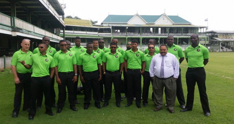 The president of the Guyana Cricket Board (GCB) Drubahadur is flanked by the team prior to their departure for the Ogle International Airport yesterday.