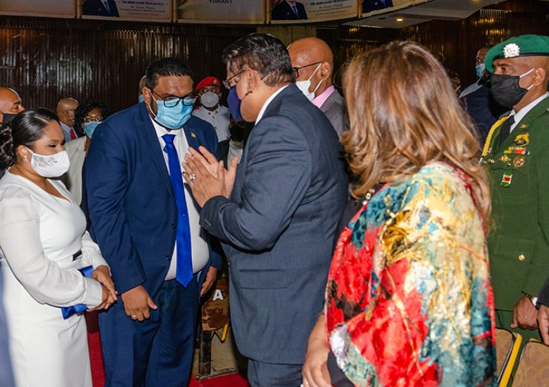 President Irfaan Ali and First Lady, Arya Ali, greet Suriname’s President, Chandrikapersad Santokhi and Mrs. Santokhi (Delano Williams photo)