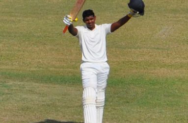 I did it, guys! Berbice opener Kandasammy Surujnarine acknowledges the applause of his teammates, after posting his maiden and the fourth century of the first-round matchup between Demerara and Berbice yesterday.