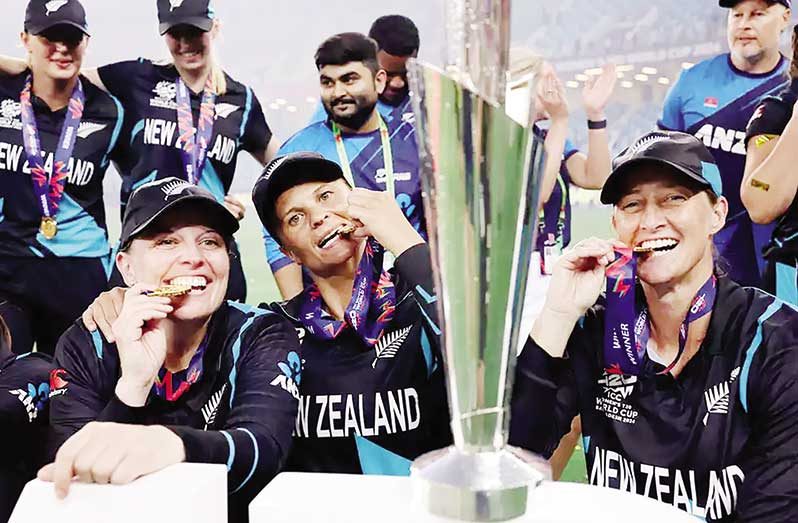 The three senior pros of New Zealand women's cricket - Lea Tahuhu, Suzie Bates, and Sophie Devine - celebrating their maiden World Cup win.