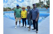 From left Paul Mahaica, Mary Chung-Phillips, Ewart Chance and Curtis Chance reopened Toucan Mall Swimming Pool.