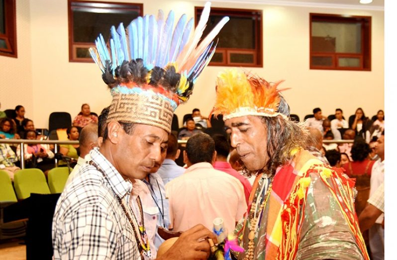 Newly elected chairman of the NTC, Nicholas Fredericks (left) interacts with indigenous leader "Rainforest" following Wednesday's elections. (Samuel Maughn photos)