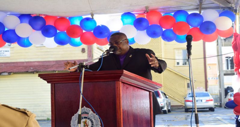 Reverend Massiah addressing police ranks last Friday