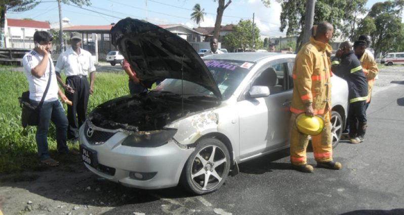 Firemen stand next to the car after it was pulled off the road and the blaze extinguished. On cell-phone at left is the driver of the vehicle, Daniel DaSilva