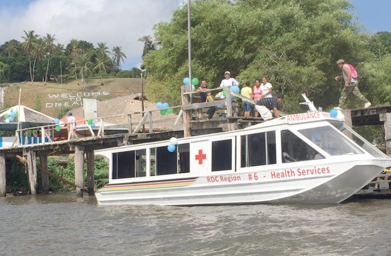 Minister of Public Health Volda Lawrence on Thursday commissioned this $22.4M water ambulance for the riverine
communities of Orealla and Siparuta (Nafeeza Yahya photo)