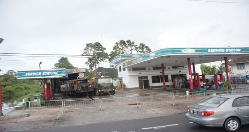 CLOSED: Police barricades can still be seen lining the entrance of the service station, which indicates that the facility is still closed for business