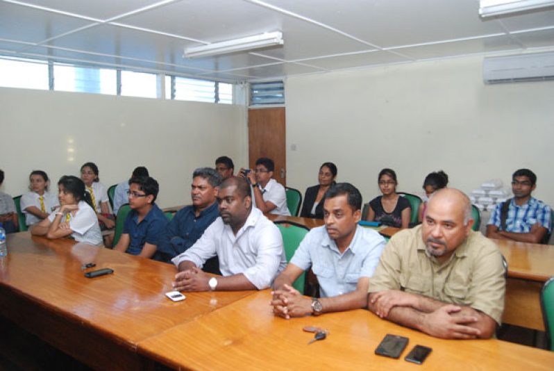 At the presentation ceremony are, from right,  Professor Suresh Narine; General Secretary  of the Rice Producers Association, Mr Dharamkumar Seeraj; and Chairman of the Private Sector Commission, Mr Ramesh Persaud, among other key officials