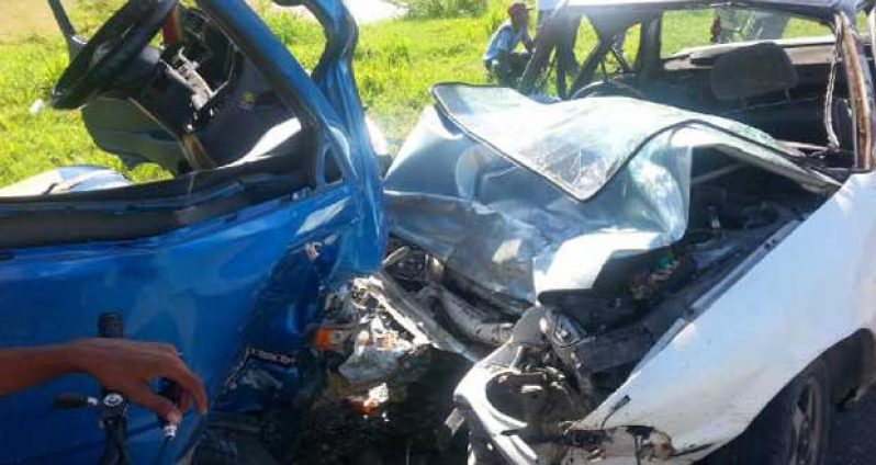 The two vehicles after the collision yesterday on the Ruimzeight Public Road, West Coast Demerara