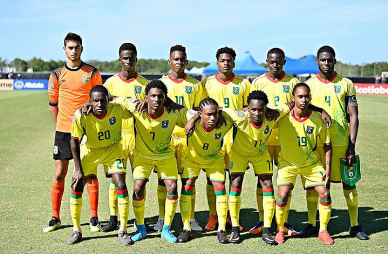 Guyana’s U-20 squad prior to kick-off against the Cayman Islands on November 6 (photo compliments: CONCACAF)