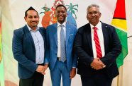 Grenadian Prime Minister, Dickon Mitchell, flanked by President of THAG, Mitra Ramkumar and Honorary Consul, Dr Komal Singh, a former Chairman of the Private Sector Commission