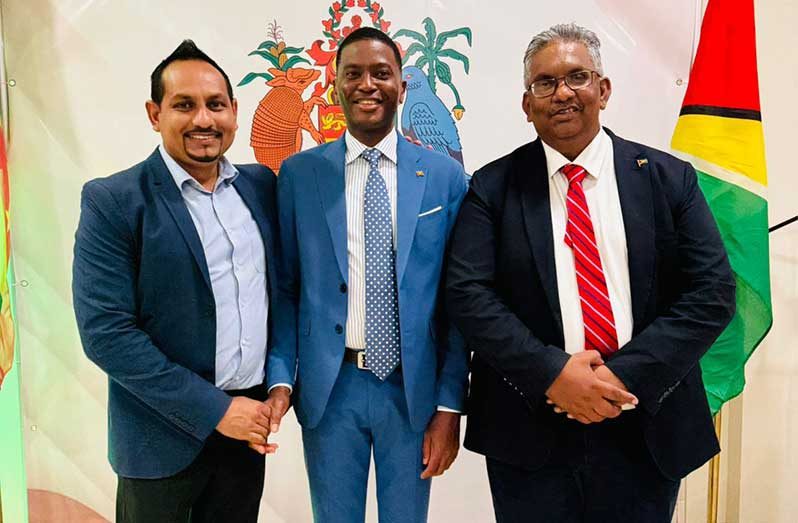 Grenadian Prime Minister, Dickon Mitchell, flanked by President of THAG, Mitra Ramkumar and Honorary Consul, Dr Komal Singh, a former Chairman of the Private Sector Commission