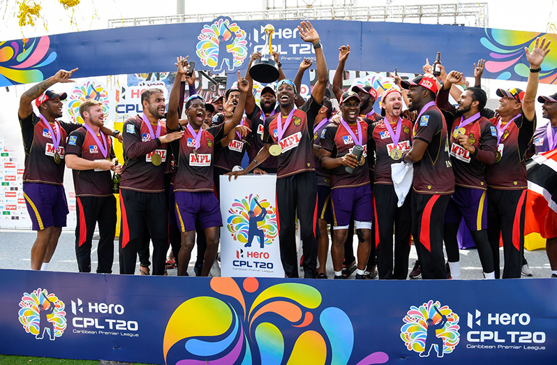 TKR celebrate winning the Hero CPL title against St Lucia Zouks at Brian Lara Cricket Academy in Tarouba, San Fernando yesterday. (Photo by Randy Brooks - CPL T20/CPL T20 via Getty Images)