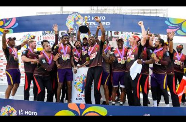 In this September 10, 2020 file photo, Trinbago Knight Riders celebrate winning the Hero CPL Final against St Lucia Zouks at Brian Lara Cricket Academy in Tarouba. (Photo by CPL T20 via Getty Images)