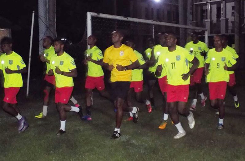 The Golden Jaguars during their training session last evening in Indonesia.