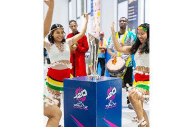 Members of the Local Organising Committee and Damon Leon along with dancers and drums after the Men’s T20 World Cup trophy arrived in Guyana