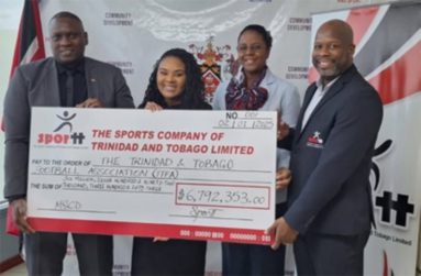 From left: TTFA president, Kieron Edwards, the Honourable Minister of Sport and Community Development, Shamfa Cudjoe-Lewis; MSCD Deputy Permanent Secretary, Beverly Reid Samuel and Head of the Sport Development Unit at SporTT, Justin Latapy-George during the presentation ceremony