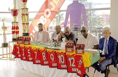 Members of the head table; from left Nasrudeen Mohamed Jr, Promoter and trainer; Mortimer George, Special Events Manager at Banks DIH; Steve Ninvalle, Director of Sport; Dr Dwight Waldron, CEO of Guyana Livestock and Development Authority and Glen Mohammed Steward