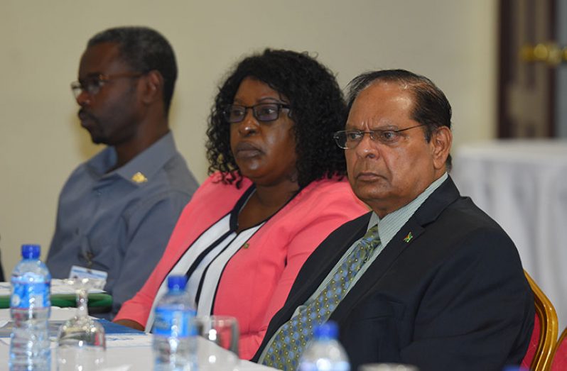 Prime Minister Moses Nagamootoo (r) sits next to Minister within the Ministry of Public Health, Dr Karen Cummings (centre) and Deputy Permanent Secretary, Finance, Glendon Fogenay (l) (Samuel Maughn)