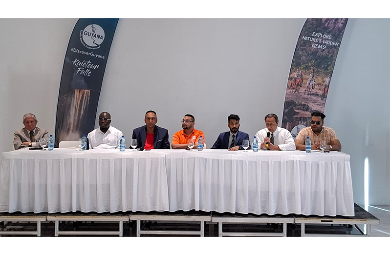 Pegasus GM Carlos Montenegro, boxer Bradley ‘Doggy’ Sampson, Aleem Hussain, GTA Kamrul Baksh, GBBC Josh Abdool, GBBC Peter Abdool, and P&P Insurance Vikash Panday