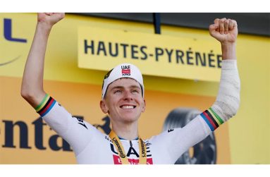 During Thursday's stage Tadej Pogacar had dressings on his left arm, which was bandaged by the time he got to the podium