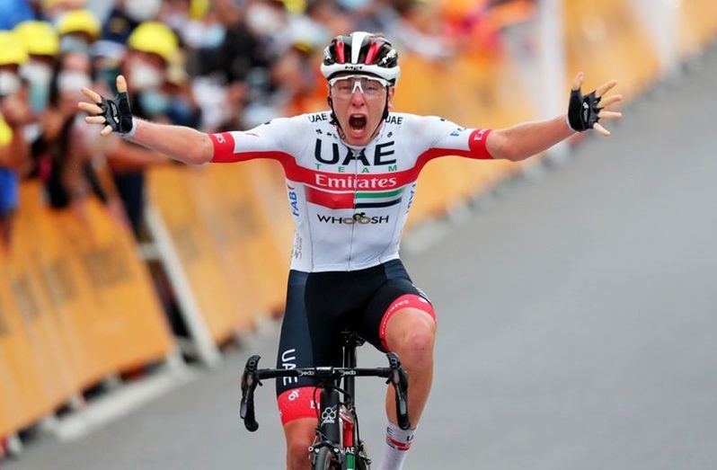 UAE Team Emirates rider Tadej Pogacar of Slovenia wins Stage 9, September 6, 2020. (Pool via REUTERS/Thibault Camus)