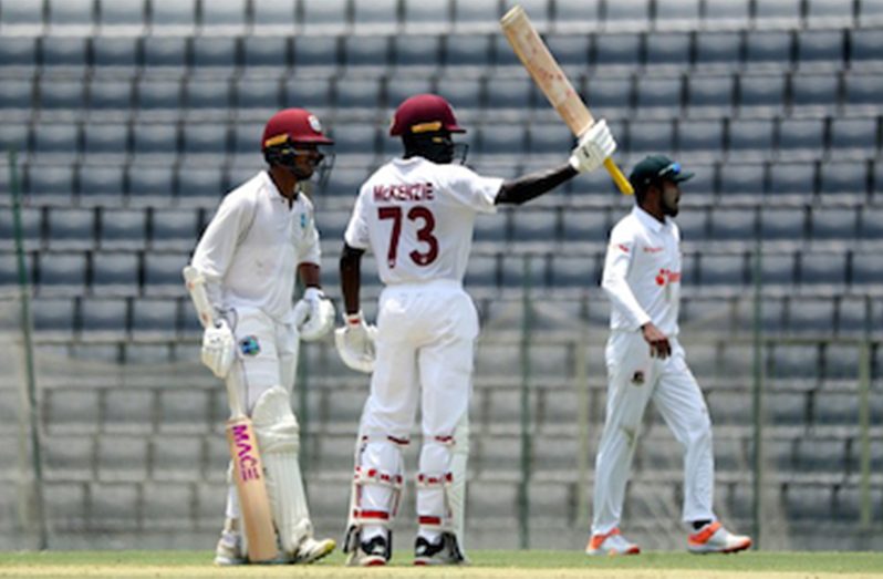 Openers Tagenarine Chanderpaul (left) and Kirk McKenzie (centre) set the foundation for a strong start from West Indies “A” against hosts Bangladesh “A” in the first “Test” on Tuesday in Sylhet. (CWI Media photo)