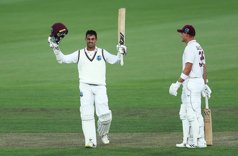 Tagenarine Chanderpaul celebrates his century against the PMs XI in Canberra.  • ( Getty Images)