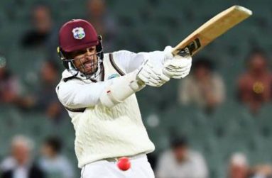 Left-hander Tagenarine Chanderpaul pulls during his unbeaten 47 on day two of the first Test