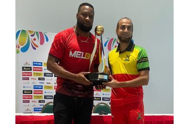 At yesterday’s “presser” at Pegasus Suites, the two captains with the CPL Trophy. Who will lift it tonight?.Will it be  TKR captain Keiron Pollard (left) or Amazon Warriors Imran Tahir?
