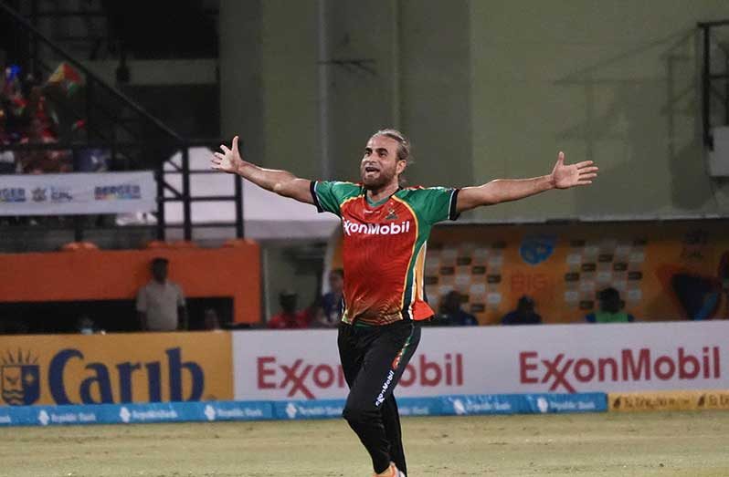 Man-of-the-Match Imran Tahir celebrates his second five-for in the CPL with his arms open wide (Sachin Persaud photos)