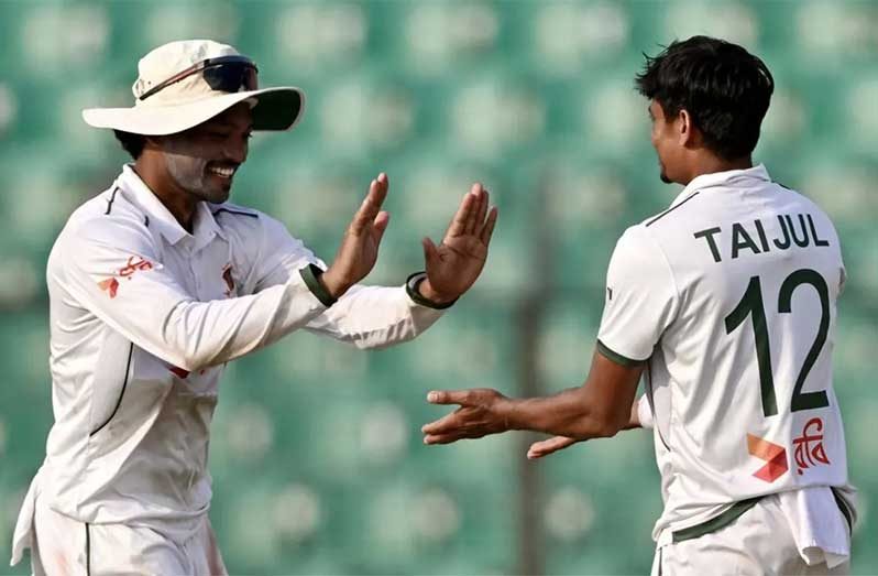 It was Taijul Islam's 16th Test five-for, as he finished day one with 5 for 60  •  (AFP/Getty Images)
