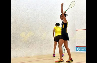 Guyana’s Taylor Fernandes celebrates her win against Alyssa Mullings as the Team competition began yesterday.