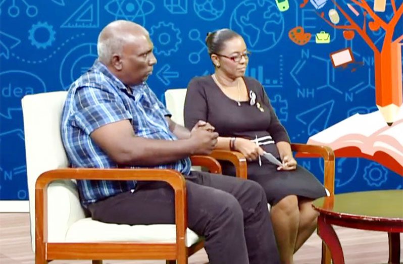 Essequibo Islands Secondary School Headmaster Sheikh Ahmad and Headmistress of The Bishops’ High School Shandrina Welcome-Lee addressing the Guyana Teachers Union’s illegal strike during a sit-down recently aired by NCN