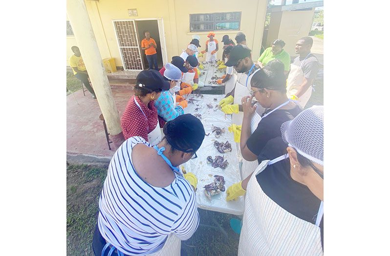 Teachers filleting fish and cleaning crabs during the two-day workshop