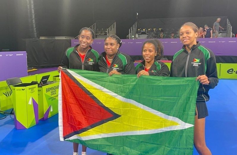 (L-R) Thuaria Thomas, Priscilla Greaves, Natalie Cummings and Chelsea Edghill after securing a spot in the semi-finals of the teams event at the 2022 Commonwealth Games