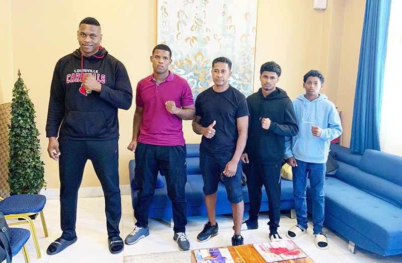 Five of six Surinamese pugilists who will partake in the GBA Developmental Championship after their arrival yesterday