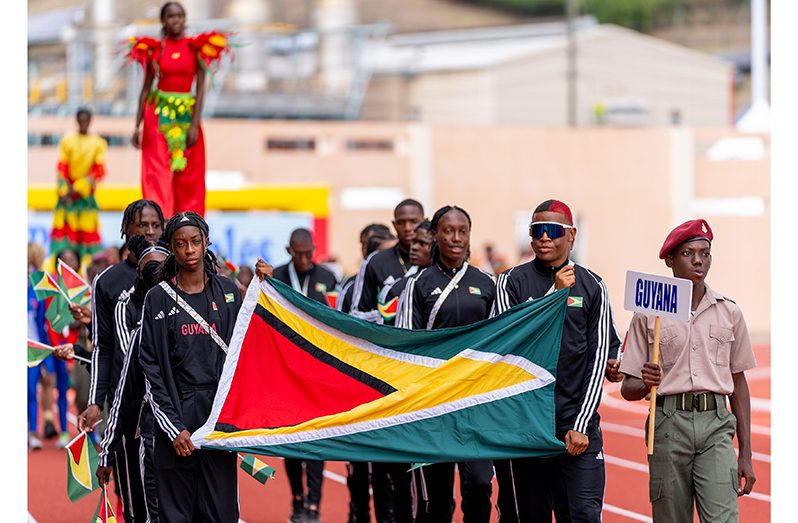 Team Guyana at the opening ceremony of the 51st CARIFTA games in Grenada on Saturday (Photo: News Room)
