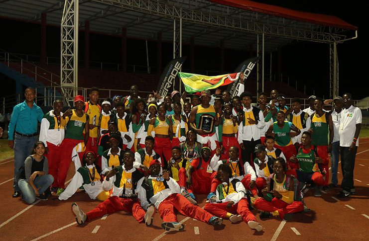 The Guyana team celebrate their second place position   at the South American Junior Championship which ended last night.