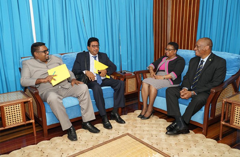 Director-General of the Ministry of the Presidency, Joseph Harmon, and Minister of Public Health, Volda Lawrence, met with the team representing the Opposition Leader – Anil Nandlall and Irfaan Ali – in the Mazaruni Room at the Ministry of the Presidency on Wednesday to discuss the nominations for the Chairman of the Guyana Elections Commission (GECOM). That meeting is expected to continue today as the teams seek to arrive at a consensus (MoTP Photo)