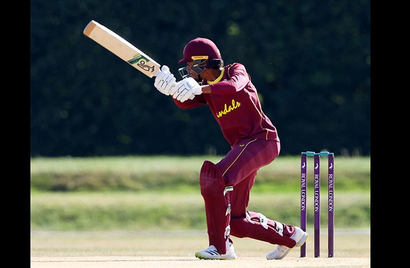 Stroke-maker Teddy Bishop bats during his superb 133 against England Under-19s in the third Youth One-Day International at Kent County Ground in England on Wednesday. West Indies Rising Stars won by two wickets. (Photo courtesy CWI Media)