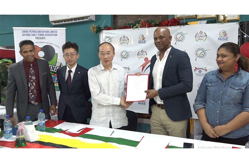 Flashback! (L-R) CPGL Representative, Charge de Affaires of China to Guyana, Counsellor Huang Rui, President of CPGL, Liu Xiaoxiang, President of GTTA, Godfrey Munroe and Minister of Education, Priya Manickchand on Wednesday, Dec.20, 2023, announce the launch of the inaugural National Schools’ Table Tennis Championship (CPGL Photo)