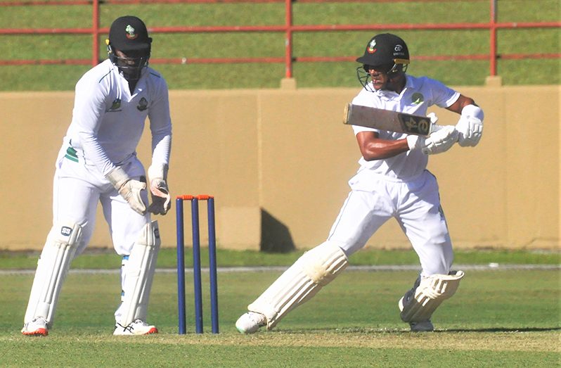 Tevin Imlach plays an elegant late cut during his innings of 62 for Demerara. (Sean Devers photo)