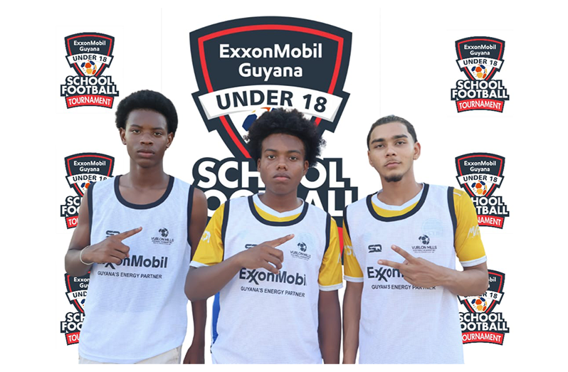 Eric Stephens, Isaiah Daniels and Riley Ketwaroo (right) were on target as Three Mile Secondary secured a group-stage berth in the ExxonMobil Guyana U18 Schools Football competition
