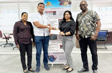 Tiger Rentals’ Technical Assistant Ms. Aveeka Naraine who hand over the cheque to Co-Director of the K&S Organisation, Kashif Muhammad in the presence of her colleague, Jaishree Ramprasad and Aubrey ‘Shanghai’ Major